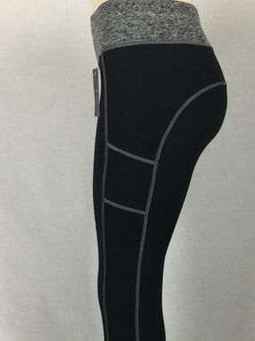 Black Stretchy Leggings Gray Contrast Stitching side pockets L/XL Size